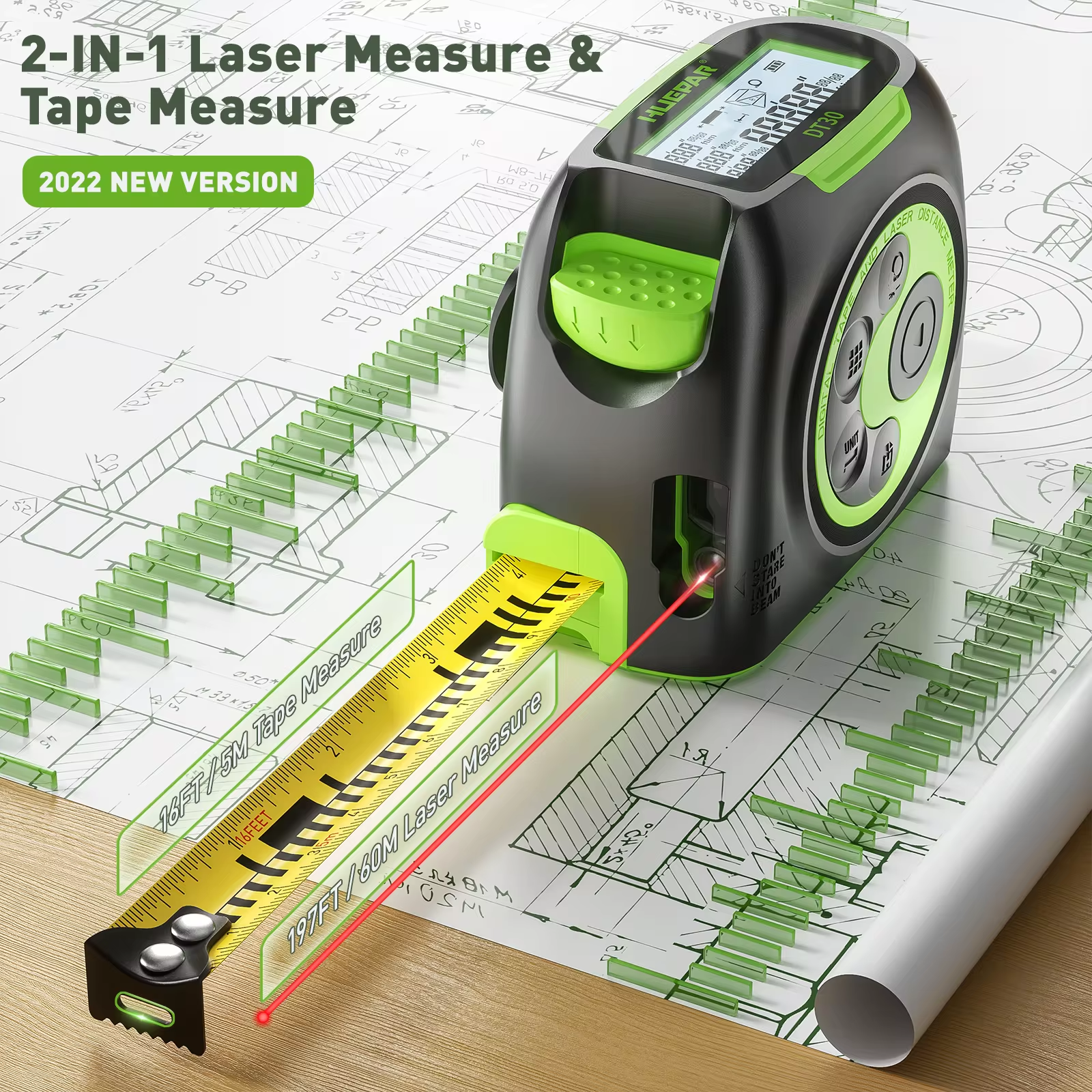 Huepar Digital 60M 197ft Laser - مراجعة Industrial Laser Tape Measure وسعره